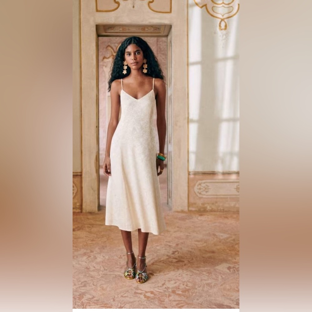 Sezane Saleria Cream Midi Dress with Spaghetti Straps